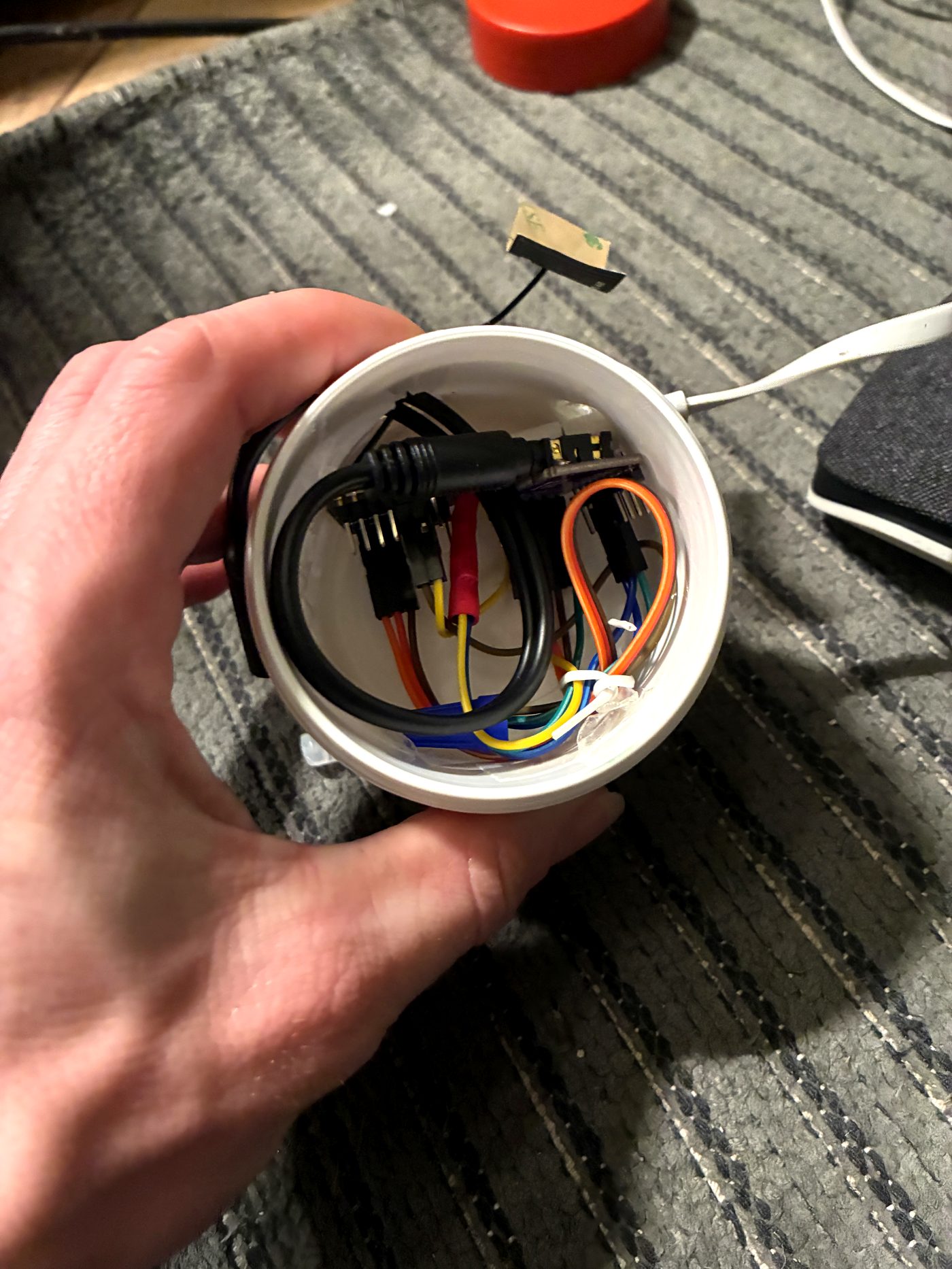 Prototype electronics inside a repurposed jar enclosure